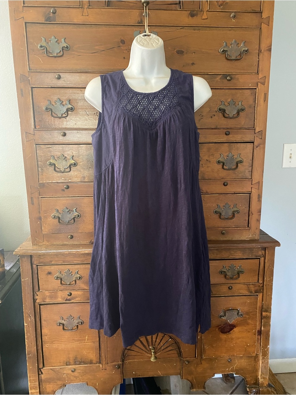 Sleeveless Navy Crochet Yoke Cotton Dress Side Slash Pockets Size L By Roxy